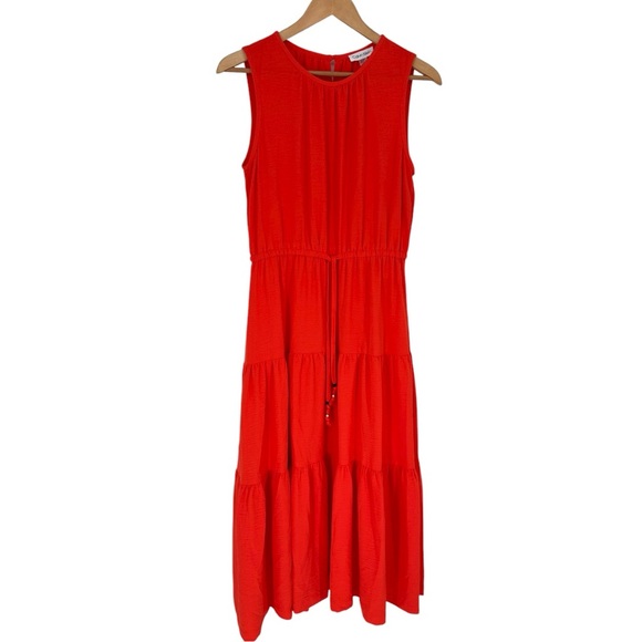 Calvin Klein Sleeveless Tiered Midi Dress size 8 Drawstring Waist Red NWT - Picture 1 of 11